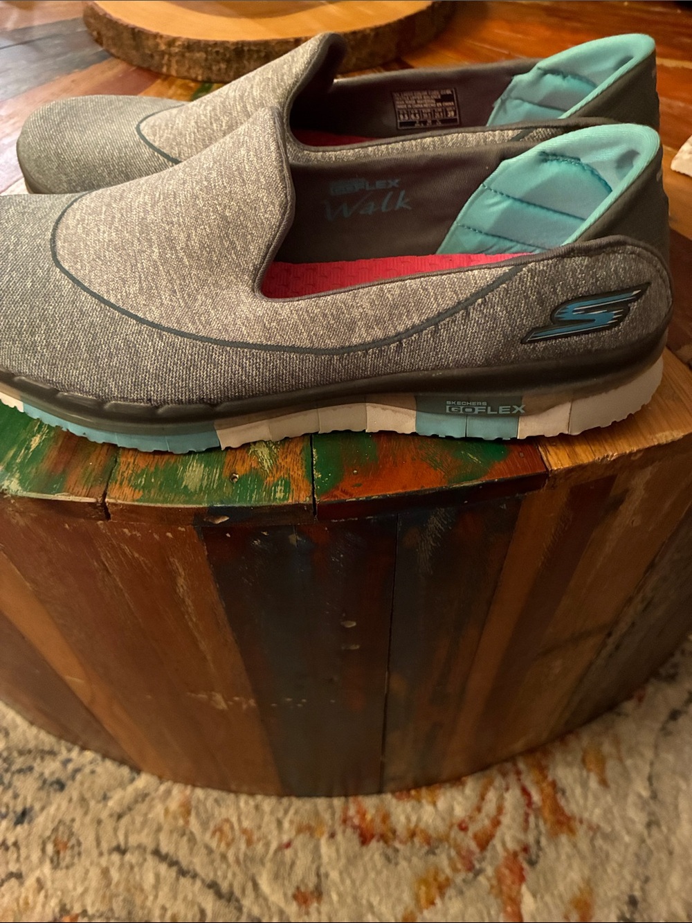 Skechers Slip-On Walking Shoes in Gray with Aqua Accents